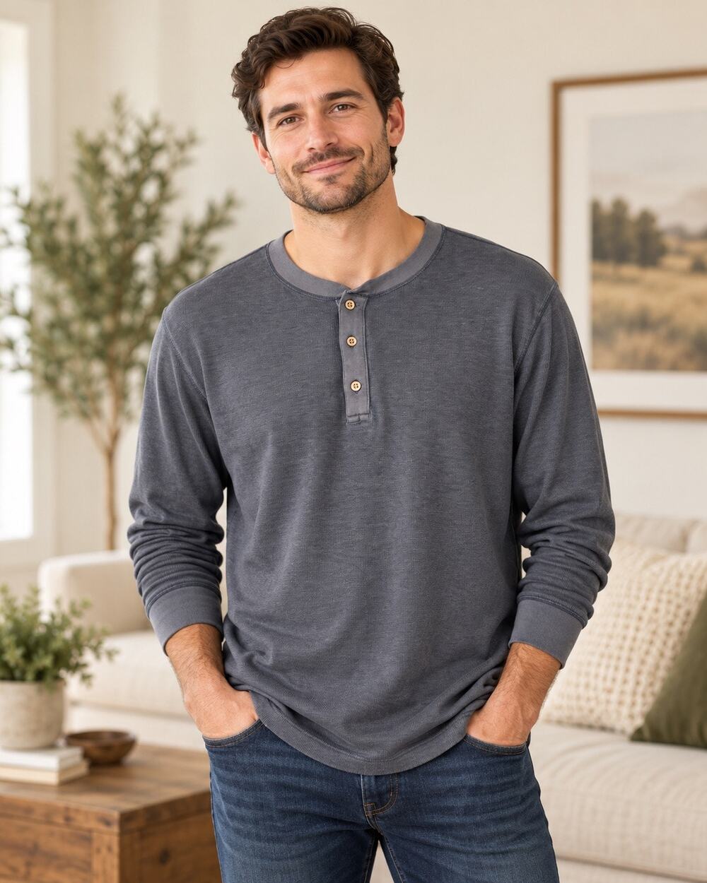 The New Ivy Brand Gray Long Sleeve Henley Shirt Men’s XL Cotton Blend Minimalist